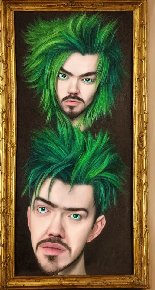 Image similar to jacksepticeye with dyed green hair renaissance portrait painting, chiaroscuro, oil paints on canvas