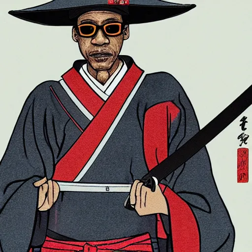 Image similar to gus fring from breaking bad wearing samurai armor and holding a katana in feudal japan, 4 k, hyper realistic, ink block painting, edo period