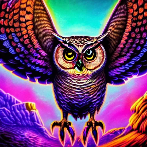 Prompt: a photorealistic coherent image of a horrific owl monster, complex artistic color ink pen sketch illustration, full detail, gentle shadowing, fully immersive reflections and particle effects, concept art by jason felix, dan mumford, kinkade, lisa frank, artgerm, tokyo mural