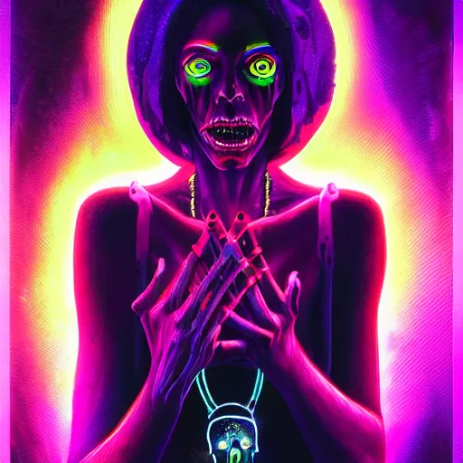 Prompt: a death tarot featuring a haitian voodoo priestess with menacing eyes, blacklight neon colors, by anton semenov and android jones in cyberpunk voodoo style, oil on canvas, 8k, volumetric lighting