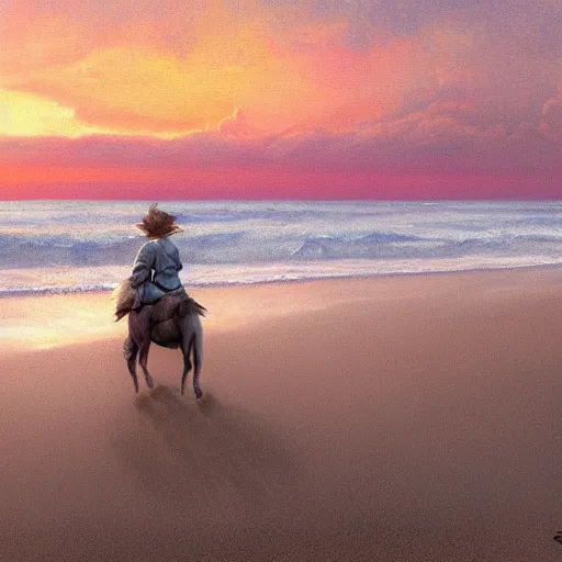 Prompt: baby yoda riding a horse on the beach at sunset by greg rutkowski