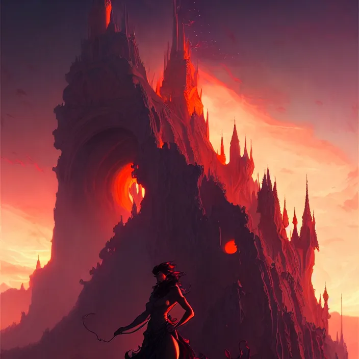 Image similar to style artgerm, joshua middleton, ellen jewett, a castle of brimstone, very long spires, fire swirling, detailed, volcano background setting, volumetric lighting