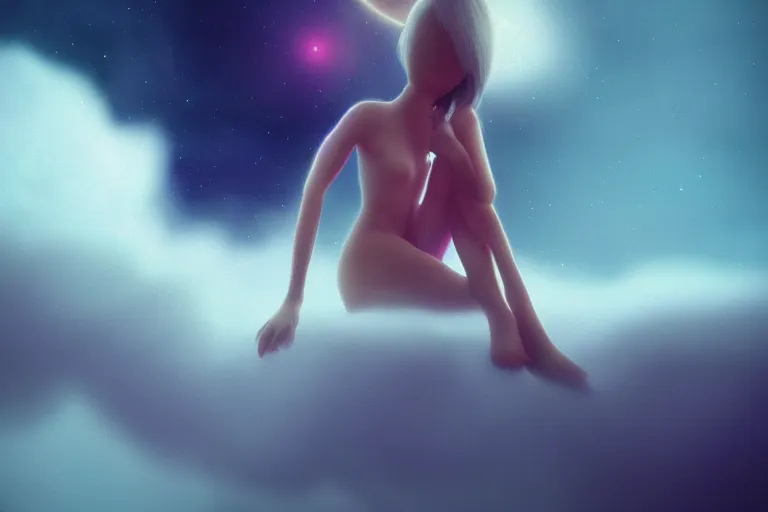 Image similar to a cute alien girl sitting on a cloud relaxing, misty, glows, digital art, hazy, foggy, red lighting, ambient lighting, 8 k,