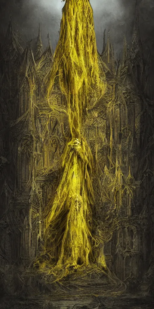 Image similar to a tall towering huge pale human wearing a yellow garment sitting upon an ornate stone throne, 4K, digital art, lovecraftian, lovecraft art, artstation, horror, dramatic, wearing a long yellow rotting garment, dark, hyperrealistic, dramatic perspective, complex (((dark))) cathedral background, dark background, highlights,