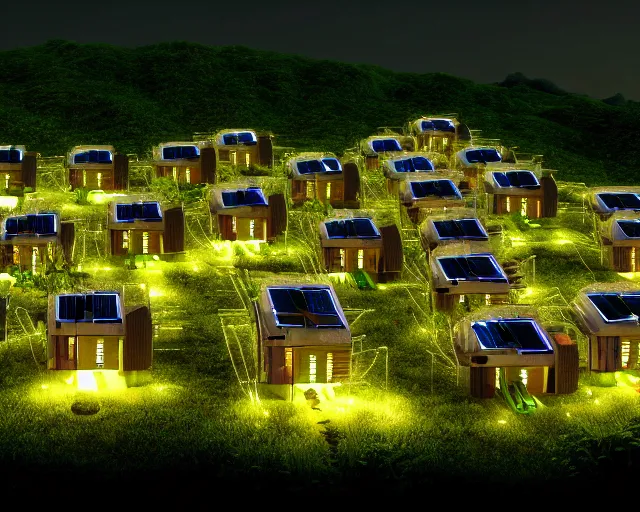 Prompt: connected ecovillage houses with solrarrofs - plant goddess high quality photo, microchip, artificial intelligence, bio - mechanical bio - luminescence, black wired cables, neurons, nerve cells, cinematic, rim light, photo - realistic, elegant, high detail, 8 k, masterpiece, high fashion, in the style of man ray