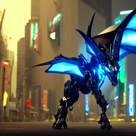 Prompt: cinematic full body shot, of stunning giant beautiful godlike quadrupedal mecha dragon, sharp sleek edged black armor, shining gold accents around the edges, sharp dragon mawshot, sleek OLED blue visor for eyes, sleek dragon legs, sharp metal claws, two massive wings that take up the frame, walking in busy neon city streets, epic shot, full body shot, paw shot, highly detailed art, sci fi, furry, 8k HD, 3D realistic, warframe fanart, destiny fanart, furry art, dragon art, feral art, macro art, furaffinity, DeviantArt, sofurry