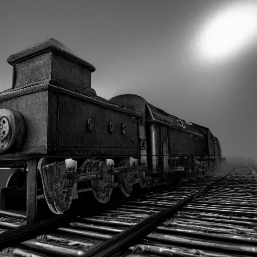 Prompt: locomotive from front view. black metal. nightmarish, horrific, scary, atmospheric, epic scene, unreal engine render, octane render