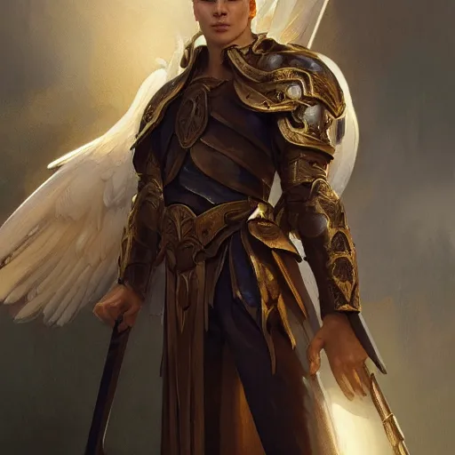 Prompt: portrait of a floating winged aasimar paladin blond young man with amber eyes strong, sofisticated, fantasy, highly detailed, digital painting, artstation, concept art, character art, art by greg rutkowski and tyler jacobson and alphonse mucha