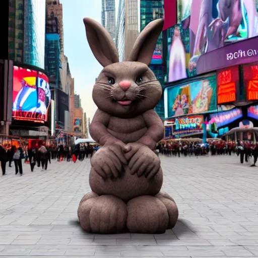 Image similar to a realistic clay sculpture of a funny bunny made by michelangelo, standing in times square, 3 d render, hyper detailed, sharp focus, 8 k resolution