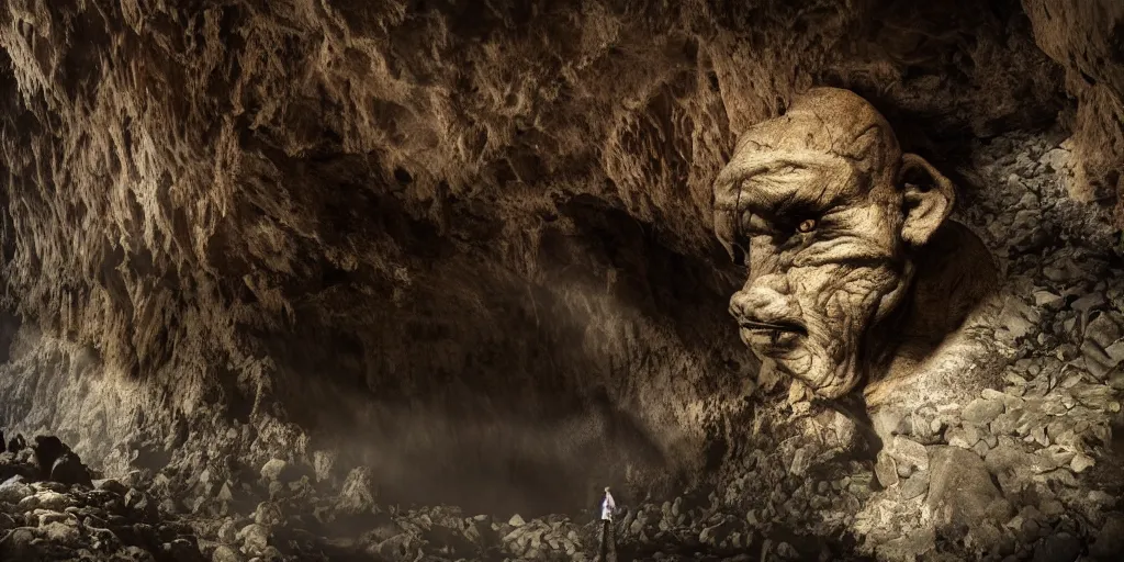 Image similar to a giant cave troll, 8 k, moody lighting, shallow depth of field,