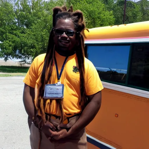 Prompt: african american male school bus driver with dreads, and chubby legs