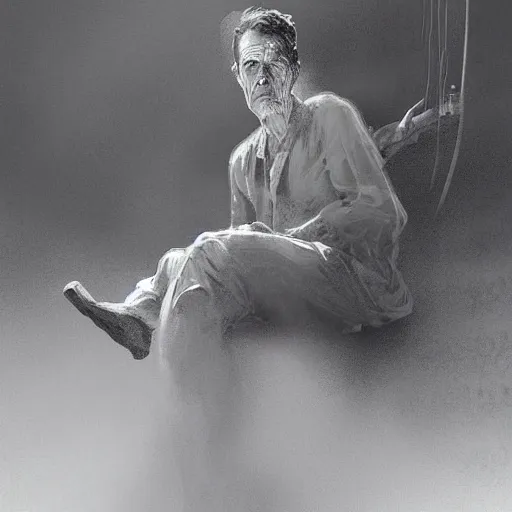 Image similar to a highly detailed epic cinematic concept art CG render digital painting artwork costume design: Henry Fonda as a 1950s tired disillusioned poet, barefoot, smoking a cigarette. volumetric lighting. By Greg Rutkowski, in the style of Francis Bacon and Syd Mead and Norman Rockwell and Beksinski, open ceiling, highly detailed, painted by Francis Bacon and Edward Hopper, painted by James Gilleard, surrealism, airbrush, Ilya Kuvshinov, WLOP, Stanley Artgerm, very coherent, triadic color scheme, realistic facial expression, art by Takato Yamamoto and James Jean