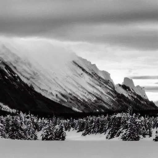 Prompt: a artic landscape with a large, satanic temple on it. mountains that are snow capped are in the background. there is a group of black hooded cultists at the top of the satanic temple. overcast sky, snowing, grainy.