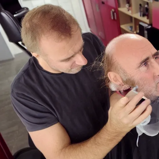 Image similar to phil collins at the hairdresser