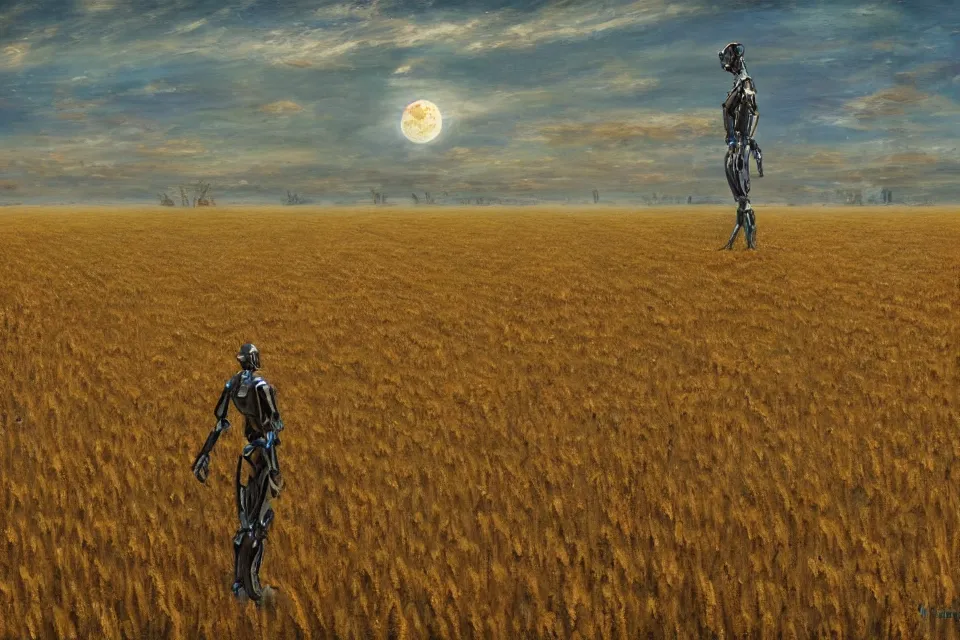 Prompt: sci-fi painting of a large alien city on the vast wheat fields, the closed back view of one humanoid robot on the ground, godrays, detailed