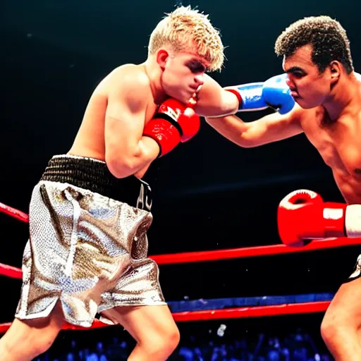 Image similar to jake paul vs mohammed ali, brutal boxing match, sports photography, sweat flying, hd high detail, professional photo