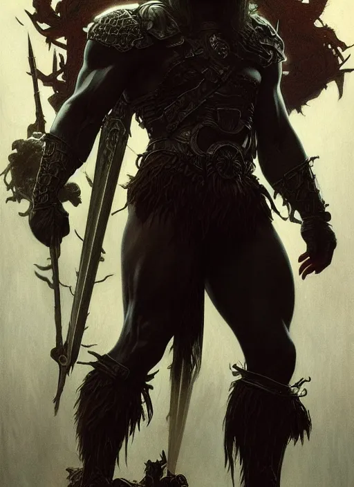 Prompt: uncut full body portrait of dark and mysterious and eerie and ominous he - man, cinematic, epic, highly detailed, intricate, sharp details, illustration, artwork by greg rutkowski and alphonse mucha