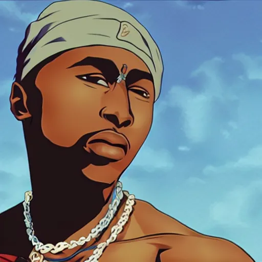 Image similar to Tupac Shakur, screenshot from a 2012s anime