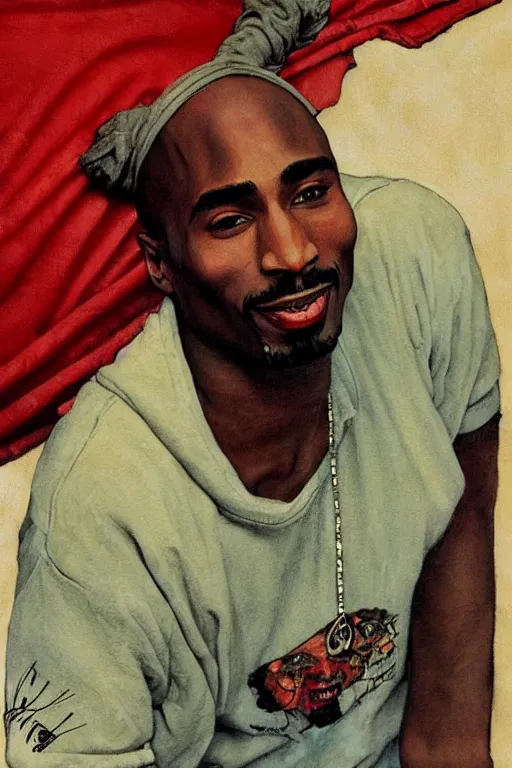 Image similar to Tupac, illustrated in whimsical style, Illustration by Norman Rockwell, loish, oil painting,