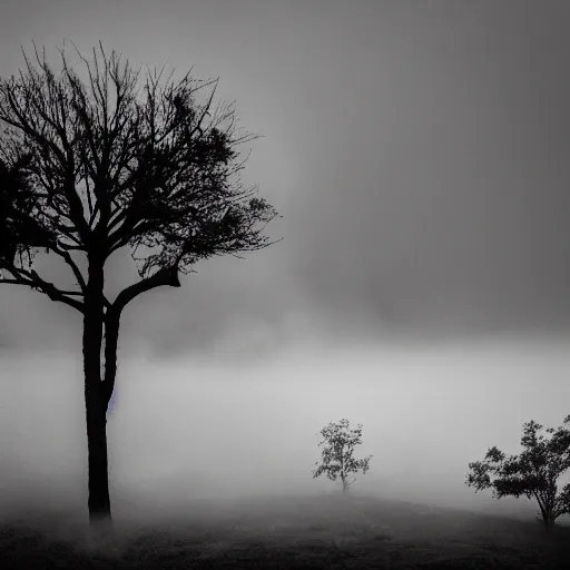 Image similar to photo of a tree with fire surrounding, scary, grey fog, dark sky