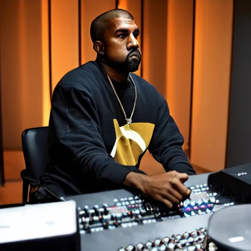 Image similar to Kanye West in his studio producing Donda 3, photo