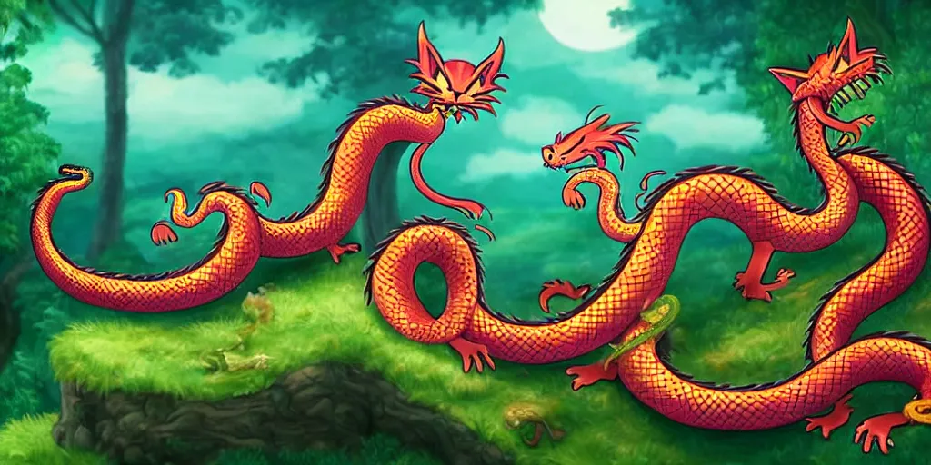 Image similar to cat dragon next to snake sing happily in fantasy forest