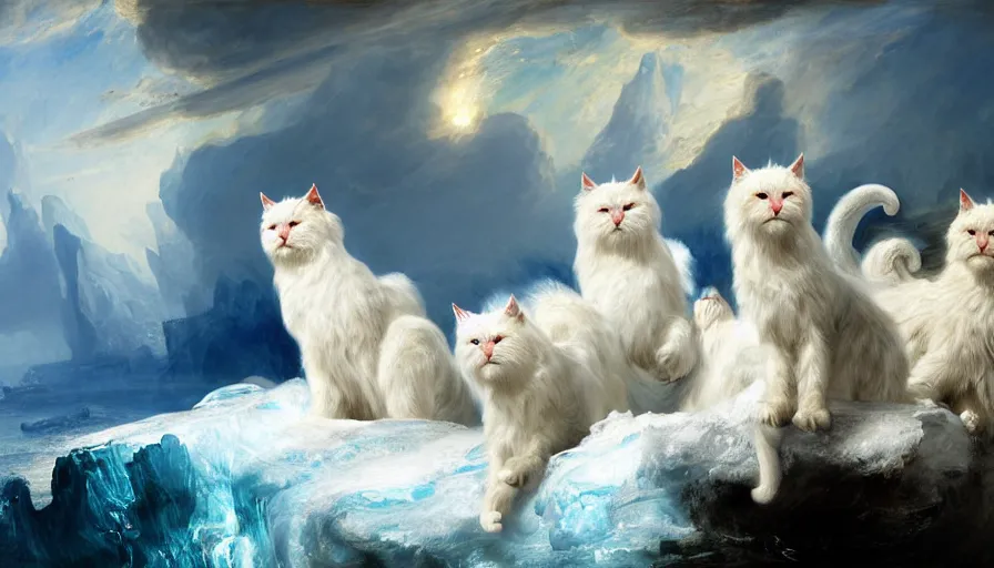 Image similar to highly detailed painting of white giant griffon cat bears with large feathered wings on a blue and white iceberg by william turner, by greg rutkowski, by william constable, thick brush strokes and visible paint layers, 4 k resolution