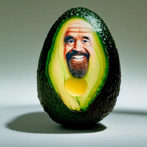 Image similar to bob ross embedded in an avocado