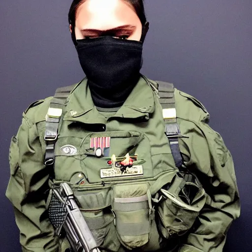 Image similar to A PMC in dark grey uniform with black body armor