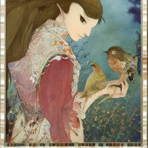 Image similar to meticulous, delicate niello inlay by john anster fitzgerald, by makoto shinkai. mixed media art. a woman is shown from behind, her body slightly blurred as if in motion. her long hair cascades down her back, & she is holding a small bird in her hand.