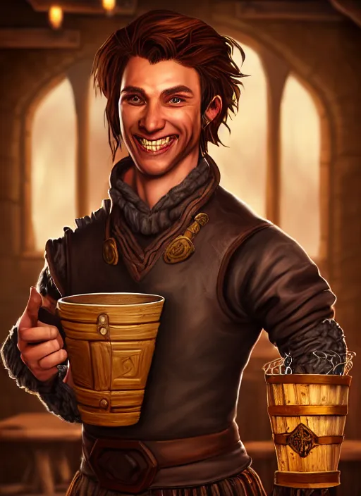 Image similar to An epic fantasy comic book style portrait painting of a handsome young man with brown wavey hair, wearing thief clothing in a tavern and smiling with a wooden tankard in hand, unreal 5, DAZ, hyperrealistic, octane render, cosplay, RPG portrait, dynamic lighting