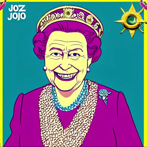 Image similar to The Queen of England Queen Elizabeth the Second in the style of Jojo's Bizarre Adventure, digital art, manga, colorful, intricate