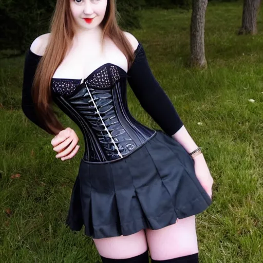 Prompt: full-length photo of beautiful 18 year old girl in short skirt, thigh highs and corset