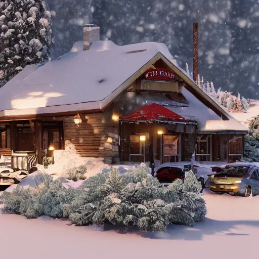 Image similar to cozy little hotel in the snowy mountains, octane render, hyperrealistic, details, cryengine, artstation trending, by greg rutkowsky