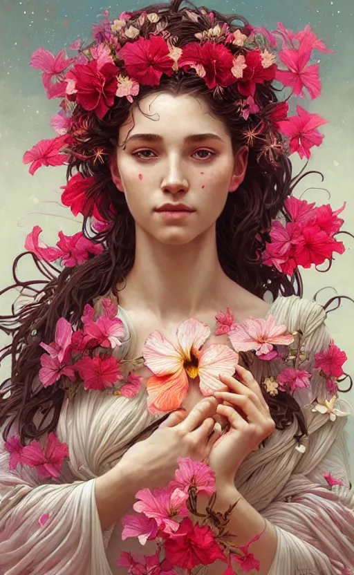 Image similar to portrait of a goddess of hibiscus! covered in flowers!, half body, perfect face!!, d & d, fantasy, intricate, elegant, highly detailed, digital painting, artstation, concept art, smooth, sharp focus, illustration, art by artgerm and greg rutkowski and alphonse mucha