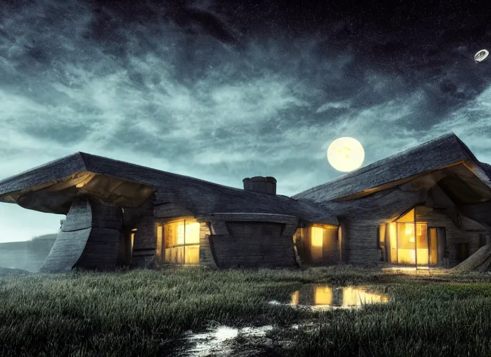 Prompt: realistic alien structured house on a dark land, full moon, ultra detailed, fantasy, hyper realism, art, smooth, beautiful art, masterpiece, landscape, cinematic, wet reflections, ray tracing x, rtx, smooth