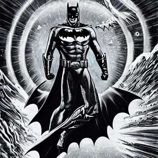 Prompt: batman surfing across the infinite cosmos, silver highlights, grand scale, samurai batman costume, painting by h. r. giger