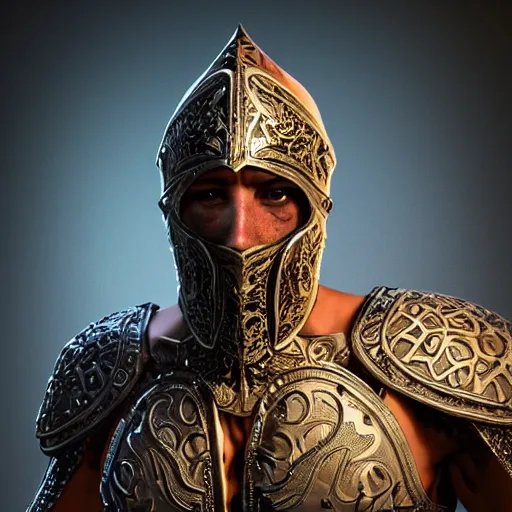 Image similar to D&D rogue character art:: Arabian warrior, intricate ornate armor, half-mask, tattoo, muscle, full body portraits, 35mm, position, cinematic litghing, realism concept art composition, ultra realistic, realism, cinematic, photorealistic, epic scene, low-key lighting, renderman, physically based render, dolby vision, 4k, super detailed, 8K, fantasy, detailed painting, long neck, long anatomy, mixed up, extra anatomy, style of charlie bowater, tom bagsgaw, artgerm, rule of thirds