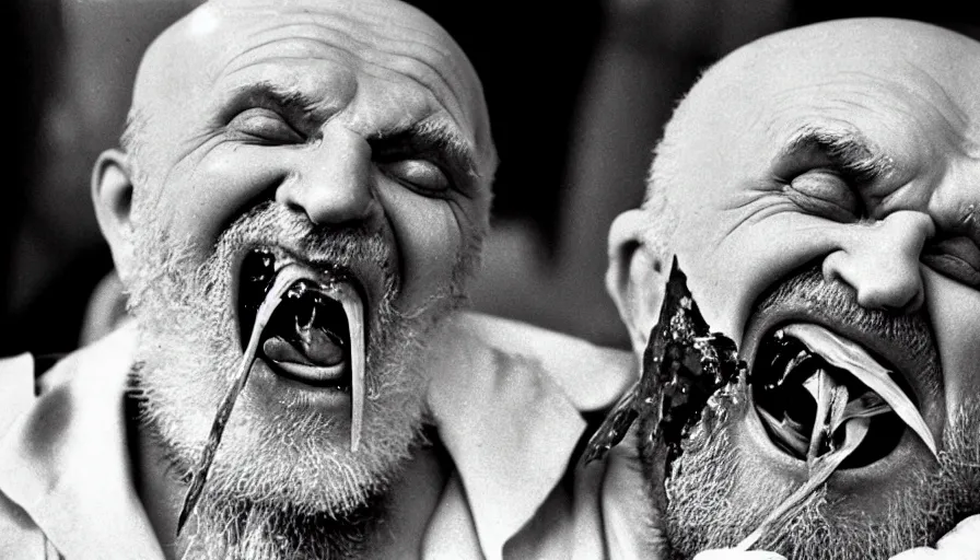 Prompt: 1 9 6 0 s movie still close - up of chrysippus of solis hysterically laughing on the floor mouth with blood in a neoclassical marble room, cinestill 8 0 0 t 3 5 mm b & w, high quality, heavy grain, high detail, texture, dramatic light, anamorphic, hyperrealistic, detailed beard, by josef sudek