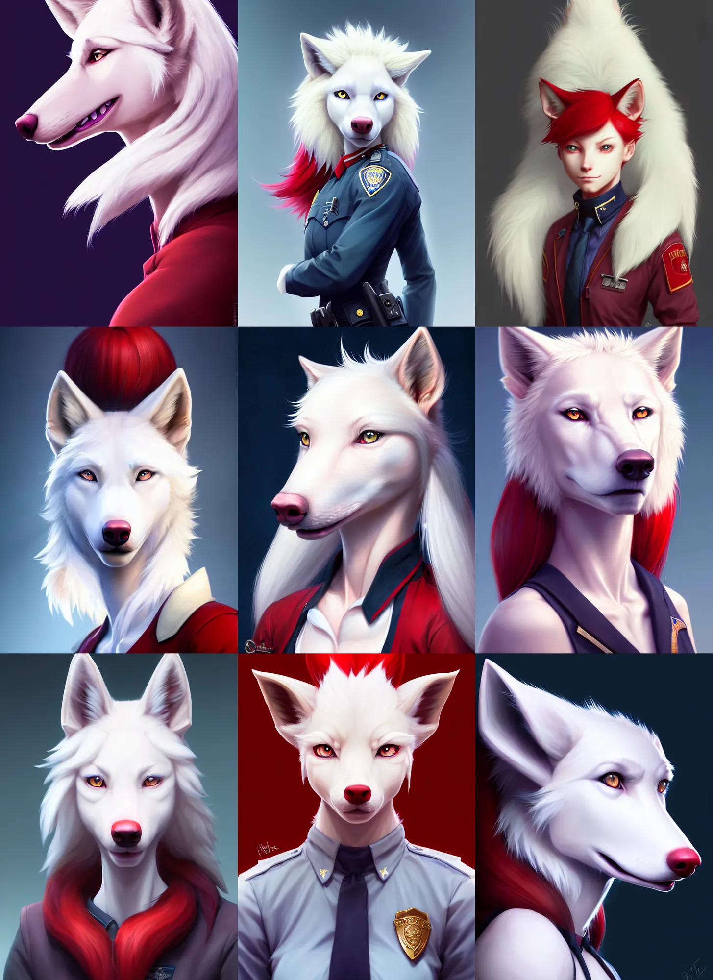 Prompt: beautiful portrait of a female anthropomorphic albino wolf fursona police officer with a red pony tail. character design by disney, charlie bowater, ross tran, artgerm, and makoto shinkai, detailed, soft lighting, rendered in octane