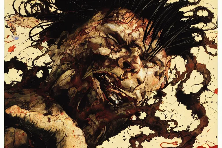 Prompt: full page illustration page of tetsuo melting down at the Vincent van go museum, by Katsuhiro Otomo, Phil hale, Ashley wood, Ilya repin, frank frazetta, 8k, hd, high resolution print