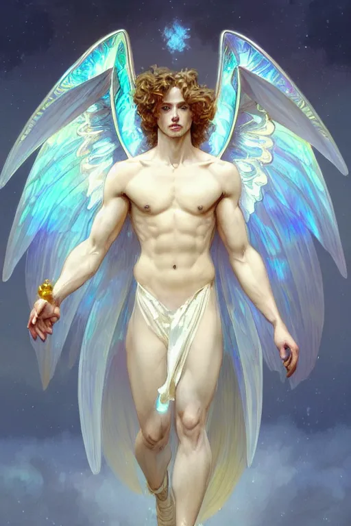 Image similar to a beautiful young fit male angel with curly blond hairs, dressed with fluent clothes, majestic symmetrical wings, luminous halo, by greg rutkowski and alphonse mucha, d & d character, gradient white to gold, in front of an iridescent background, highly detailed portrait, digital painting, artstation, concept art, smooth, sharp focus illustration, artstation hq