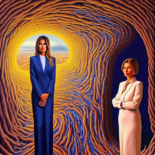 Image similar to an oil on canvas portrait painting of melania trump, surrealism, surrealist, cosmic horror, rob gonsalves, high detail