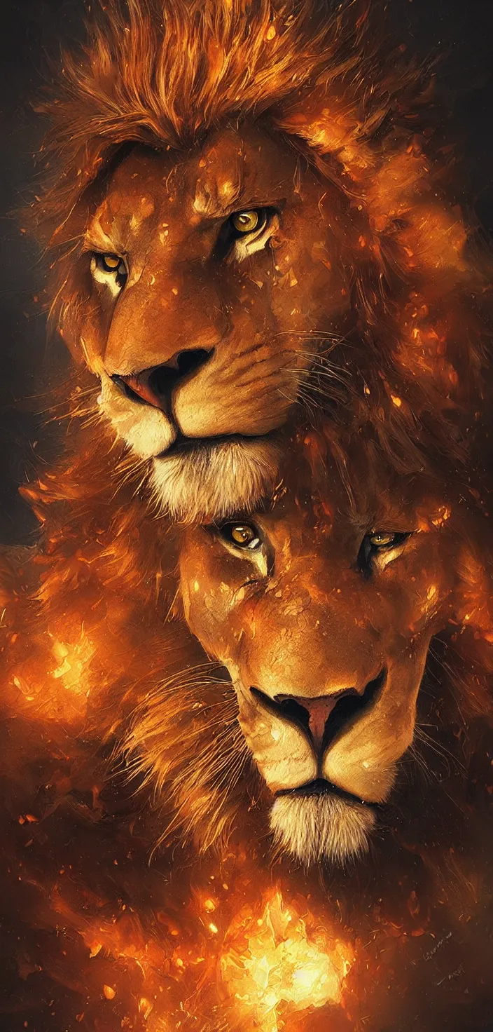 Prompt: portrait of a fire lion,digital art,ultra realistic,ultra detailed,art by greg rutkowski,detailed face