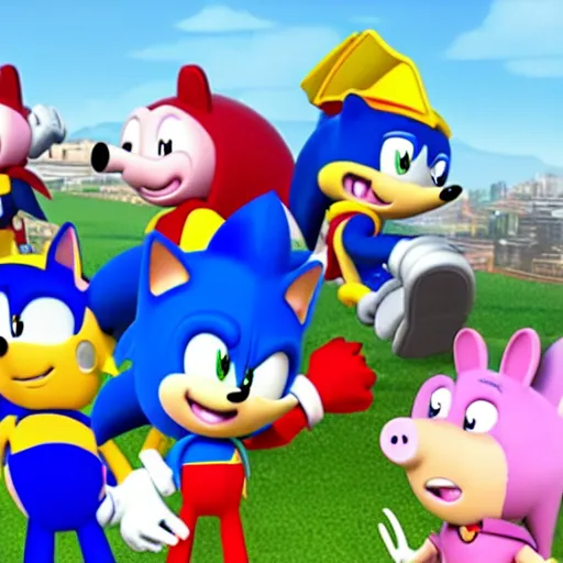 Prompt: sonic, peppa pig and the paw patrol crossover episode, cartoon network stillframe, good looking, hd, 4 k, hdr, smooth, sharp focus, high resolution, award - winning