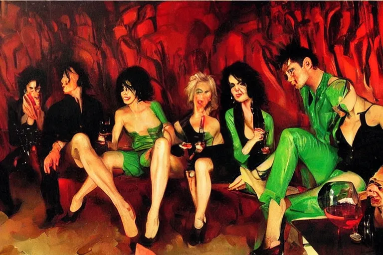 Image similar to glam rockers drinking brutal and raw wine, inside a green cave with red lights by joaquin sorolla, phil hale, extremely detailed