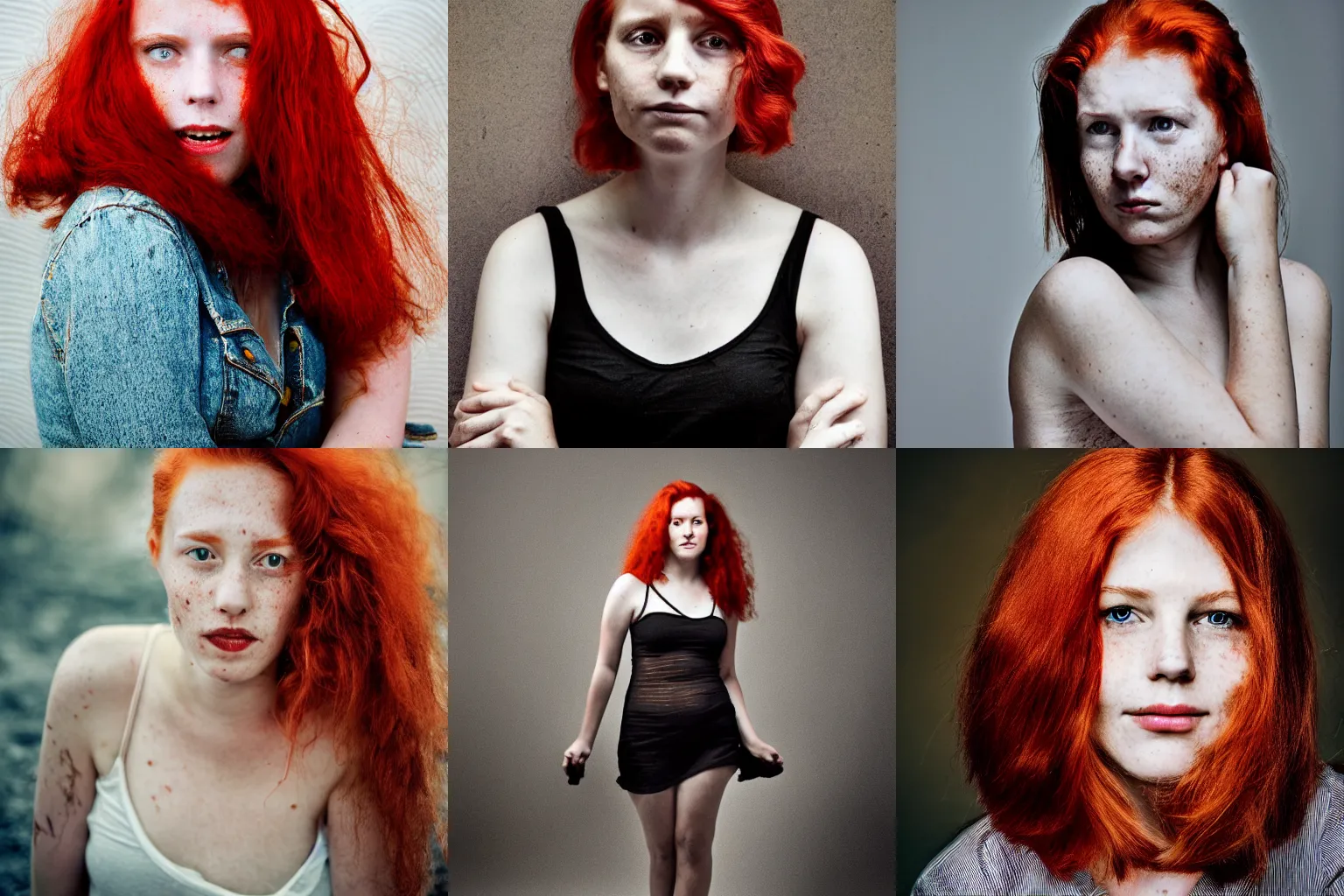 Prompt: Photograph of a 20 year old woman in the style of Annie Leibovitz, red hair, freckles