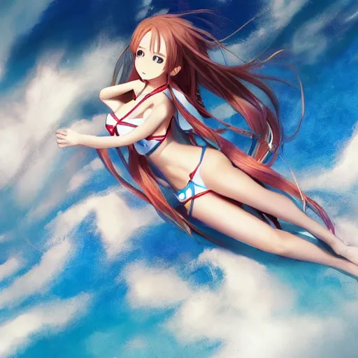 Image similar to seen from above : a giant macro very beautiful young yuuki asuna, full body, long wavy hair, sky blue eyes, full round face, bikini, miniskirt, laying on a miniature crowd, cinematic wallpaper by stanley artgerm lau