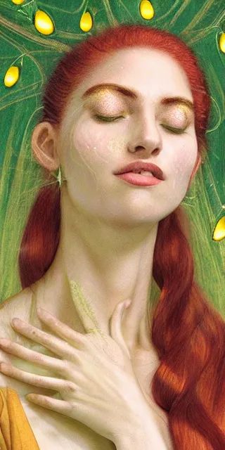 Prompt: lovely woman, serene smile surrounded by golden firefly lights, amidst nature fully covered by a intricate detailed dress, long red hair, precise linework, accurate green eyes, small nose with freckles, smooth oval shape face, empathic, expressive emotions, dramatic lights spiritual scene, hyper realistic ultrafine art by artemisia gentileschi, jessica rossier, boris vallejo