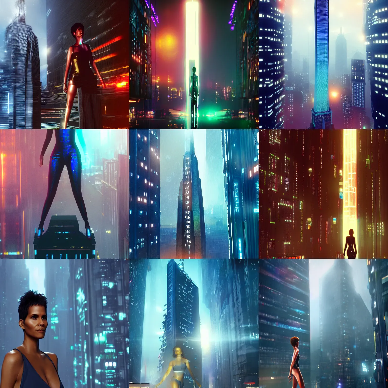 Prompt: holographic halle berry tall as city building, blade runner style, digital art, unreal engine, trending on artstation